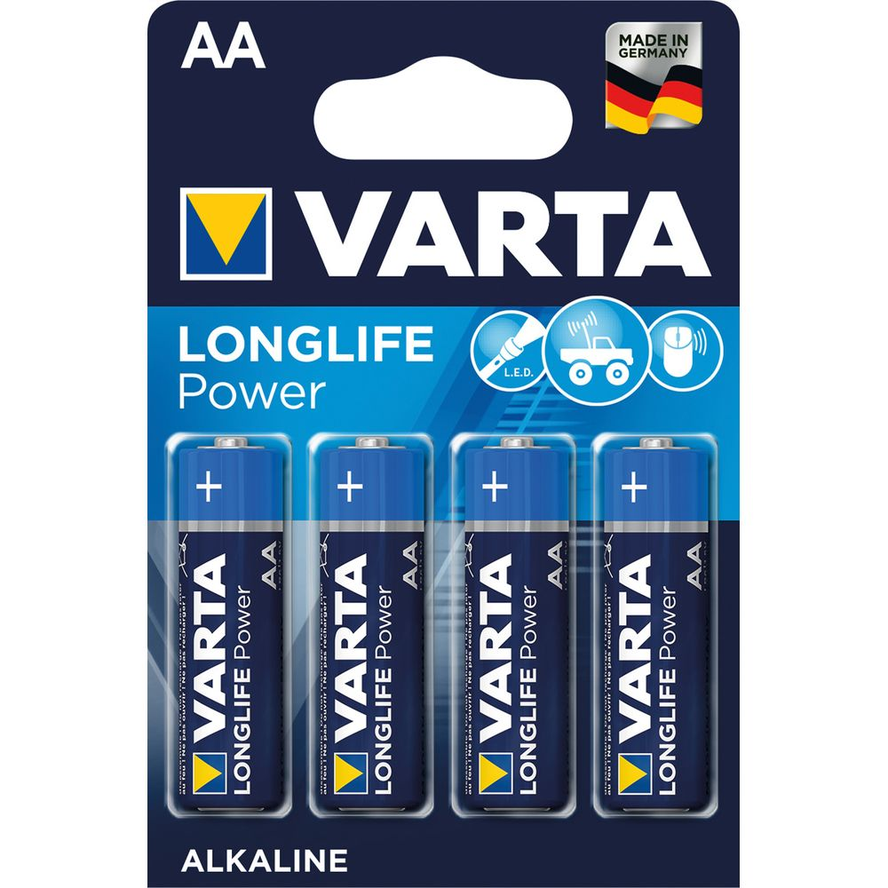 Baterie alkaliczne Varta AA Longlife Power, opakowanie 4 szt., Made in Germany.