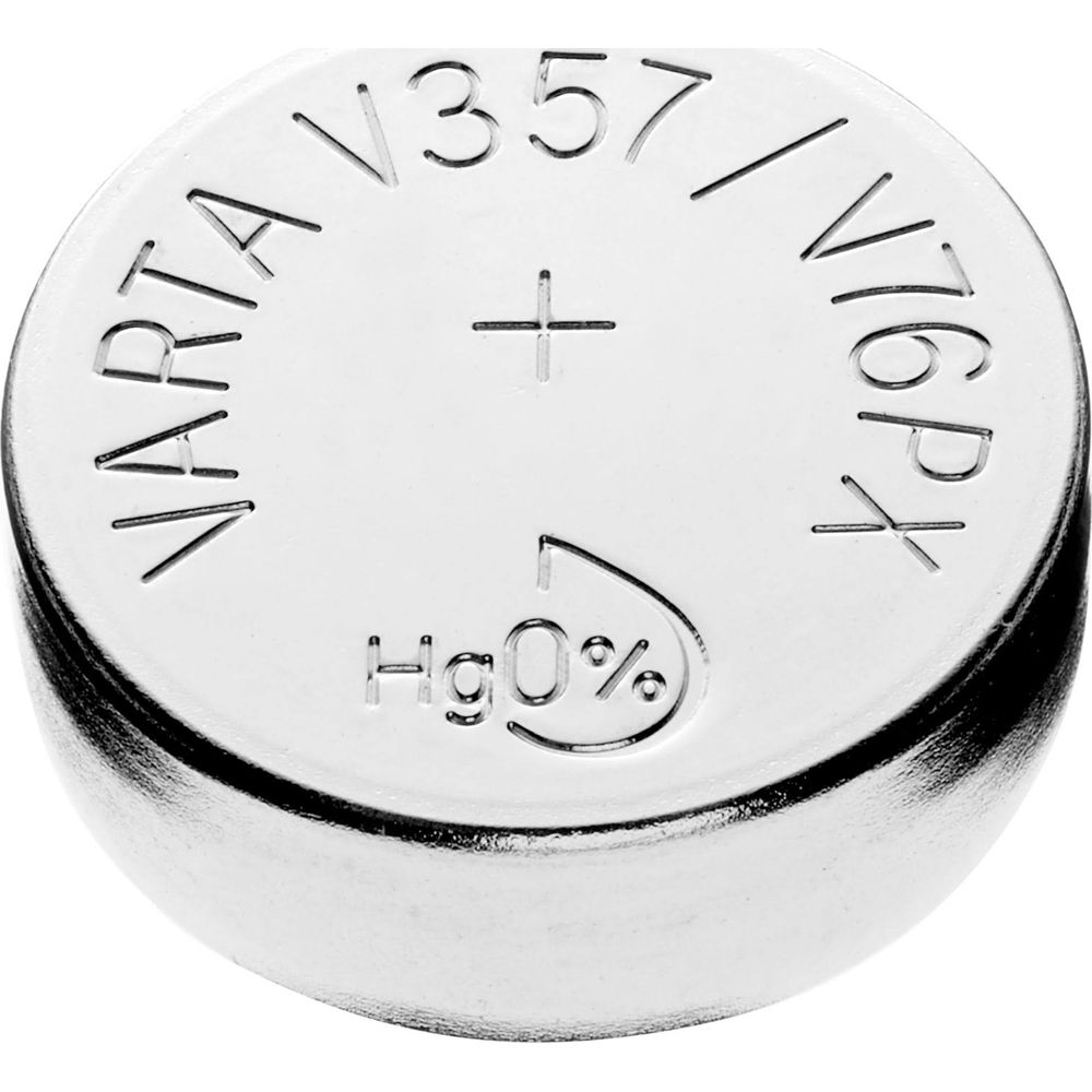 A silver Varta V357 / V76PX button battery with Hg 0% marking.