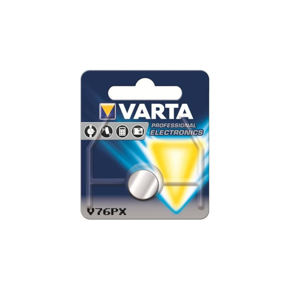 Varta V76PX coin cell battery in blister pack with icons.