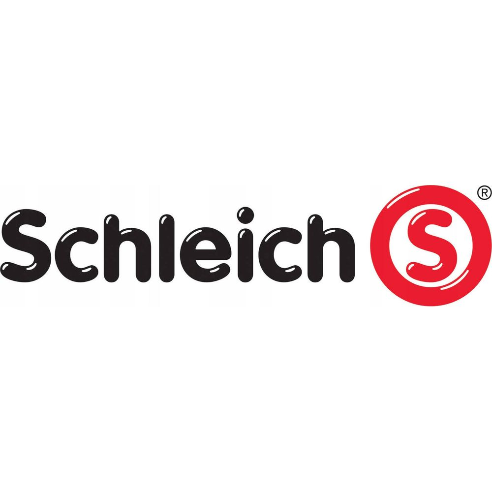 Logo Schleich przedstawia słowo "Schleich" czcionką bąbelkową z czarnym napisem i czerwonym okręgiem S.