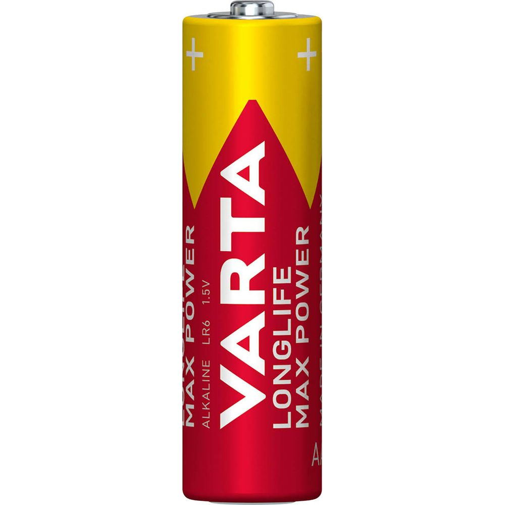Une pile alcaline Varta LR6 1,5V avec un design rouge et jaune.