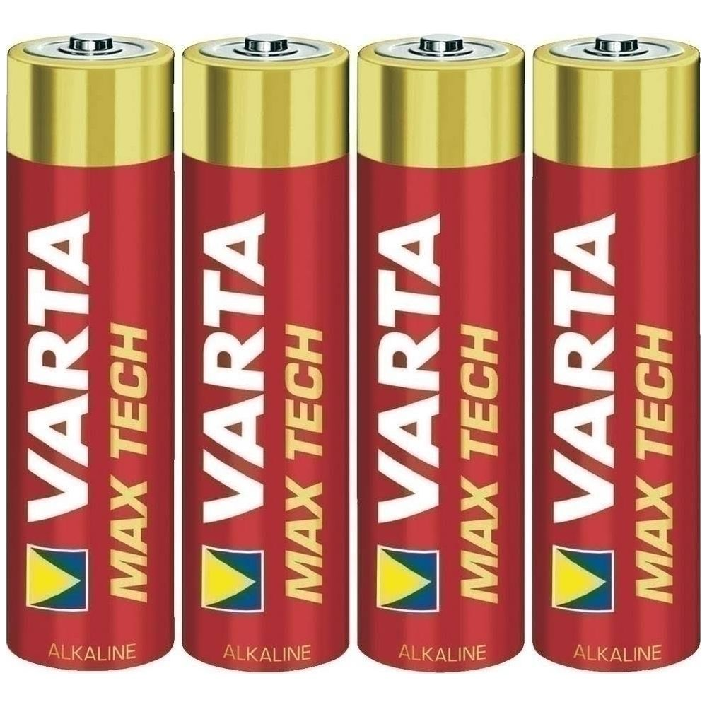 Quatre piles alcalines Varta Max Tech AA alignées, rouges avec dessus dorés.