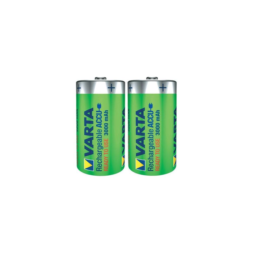 Twee groene Varta oplaadbare batterijen met 3000 mAh capaciteit.