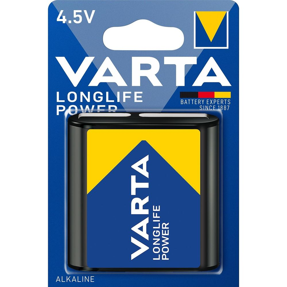 Bateria Varta 4.5V Longlife Power, blok 9V, zapakowana na niebiesko-żółto.