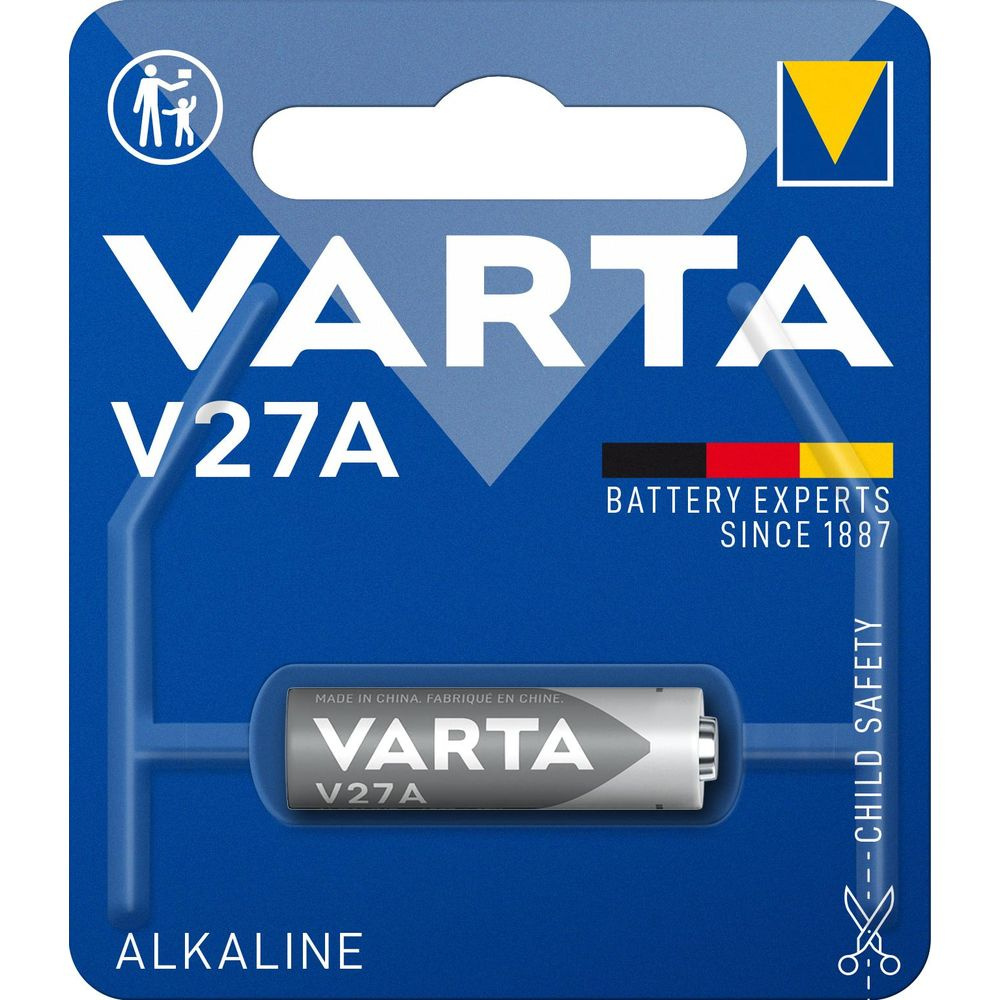 Pila alcalina Varta V27A en blíster con símbolo de advertencia.