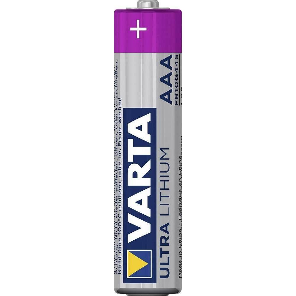Varta AAA Ultra Lithium batterij met een plusteken op de paarse kop.
