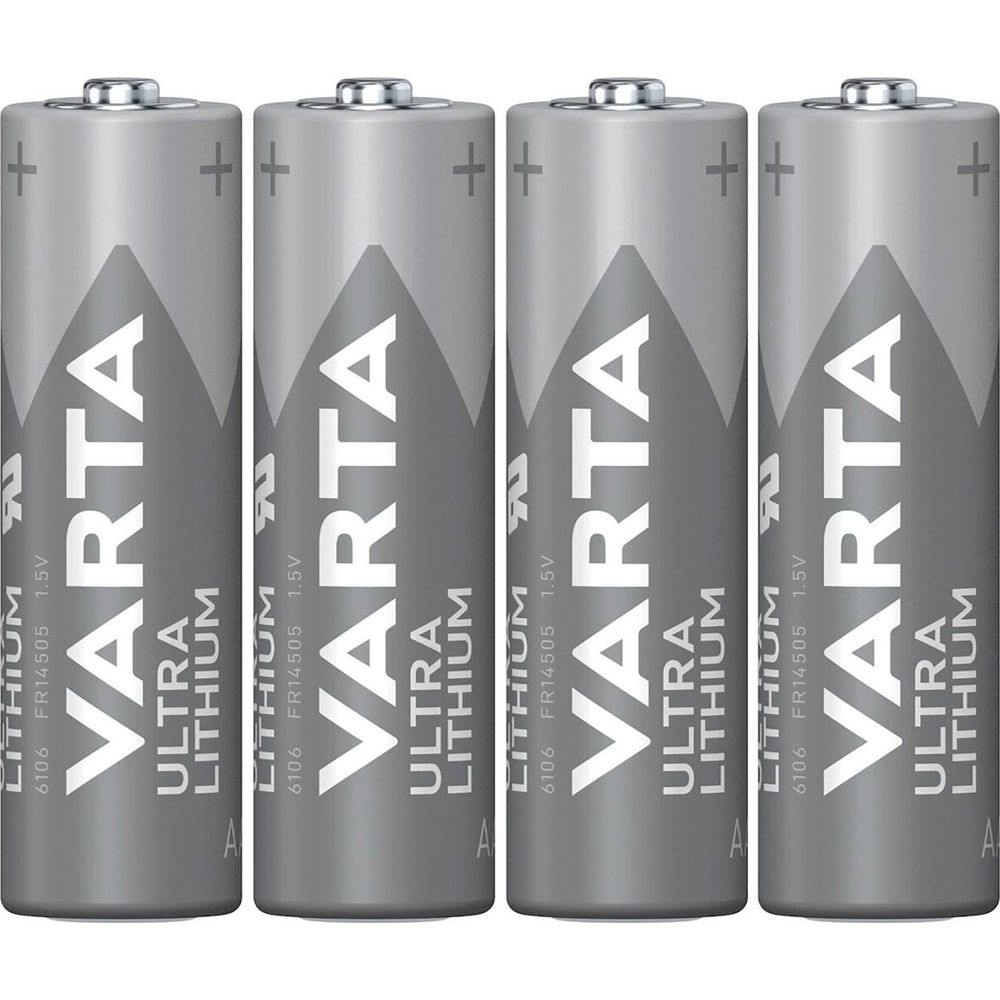 Vier Varta Ultra Lithium AA-batterijen naast elkaar op witte achtergrond.