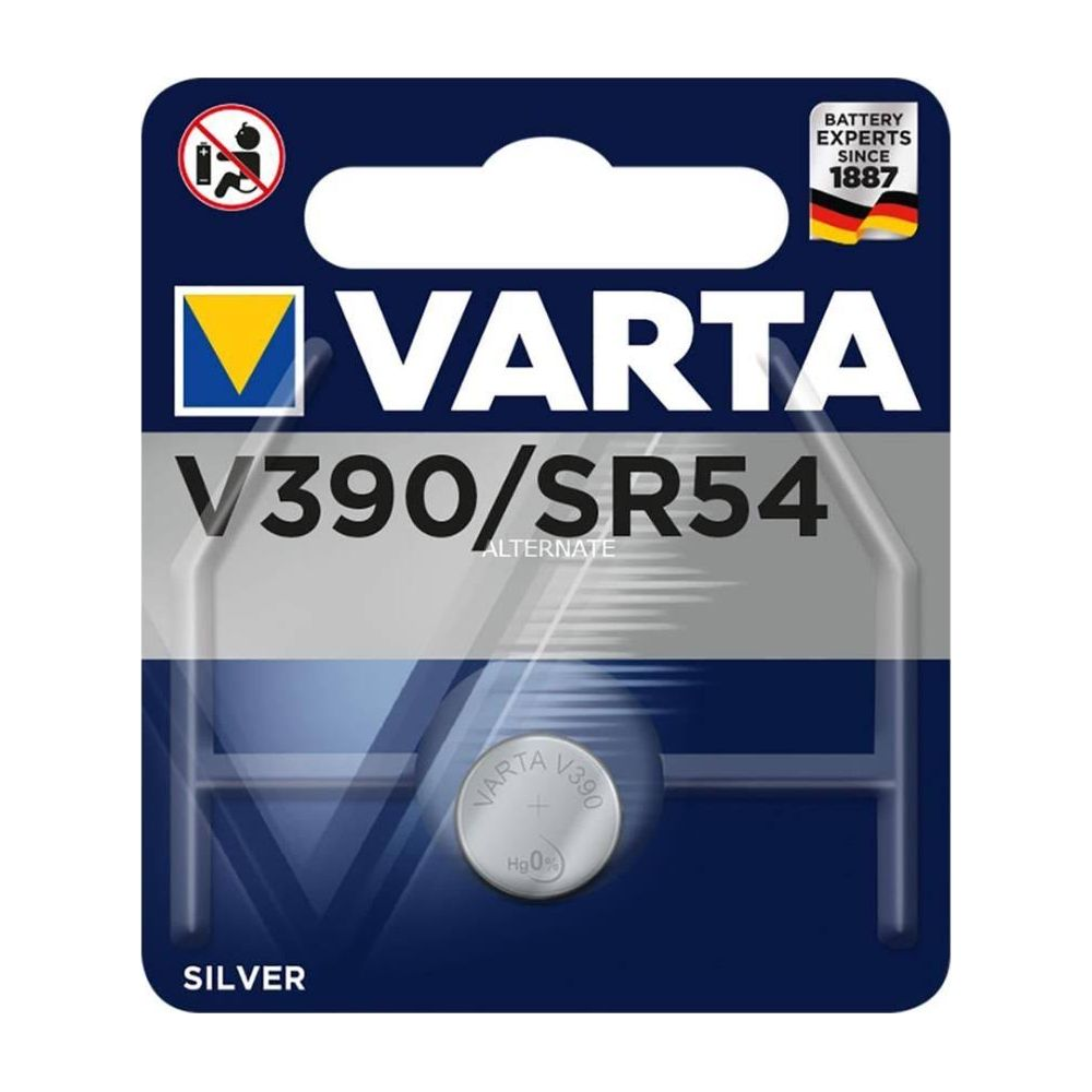 Srebrna bateria pastylkowa Varta V390/SR54 w blistrze.