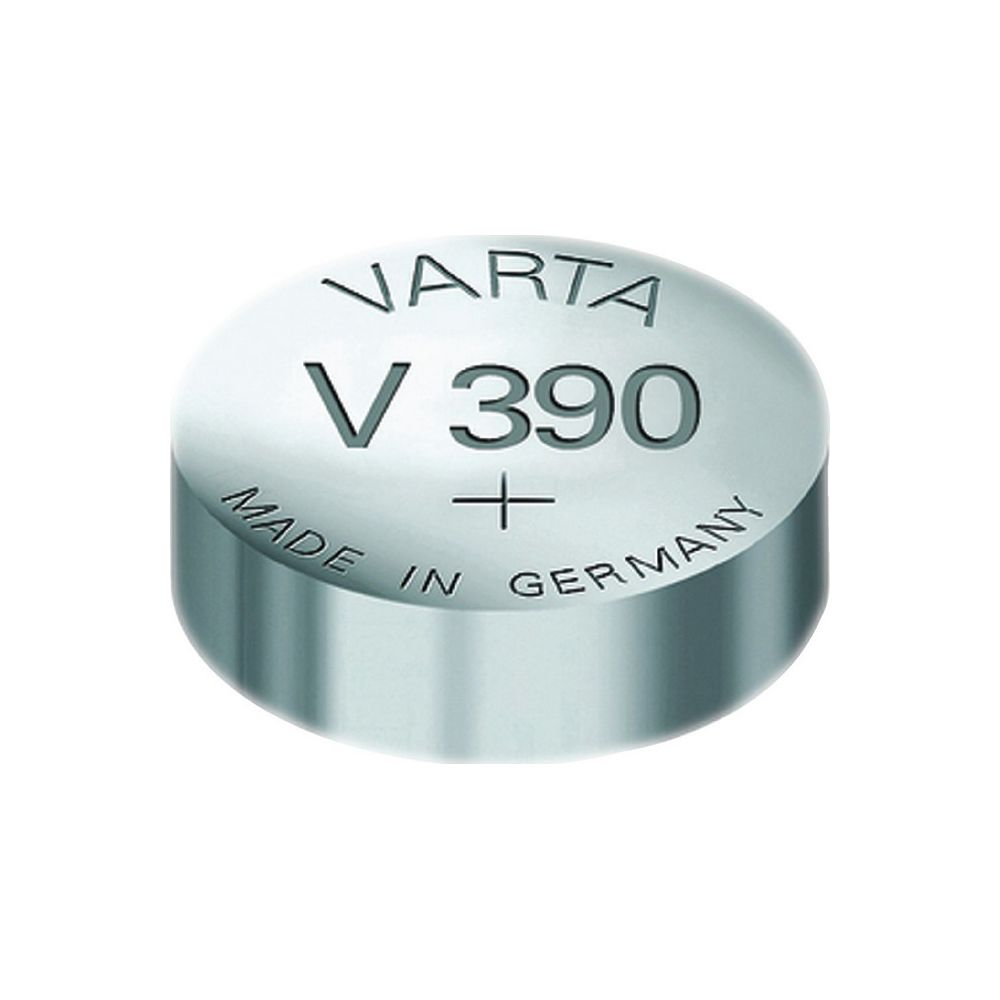 Srebrna bateria guzikowa Varta V 390 z wytłoczonym napisem.