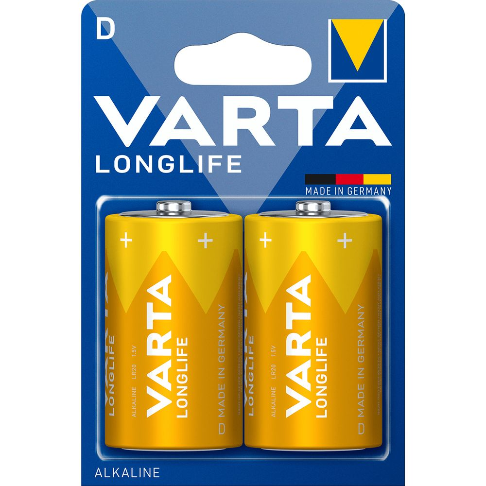 Two yellow Varta D cell batteries with black text, packaged.