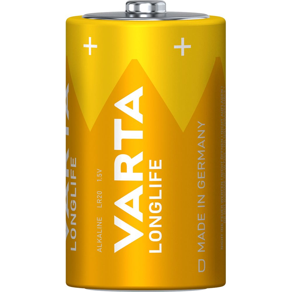 A yellow Varta Longlife AA battery with plus and minus signs.