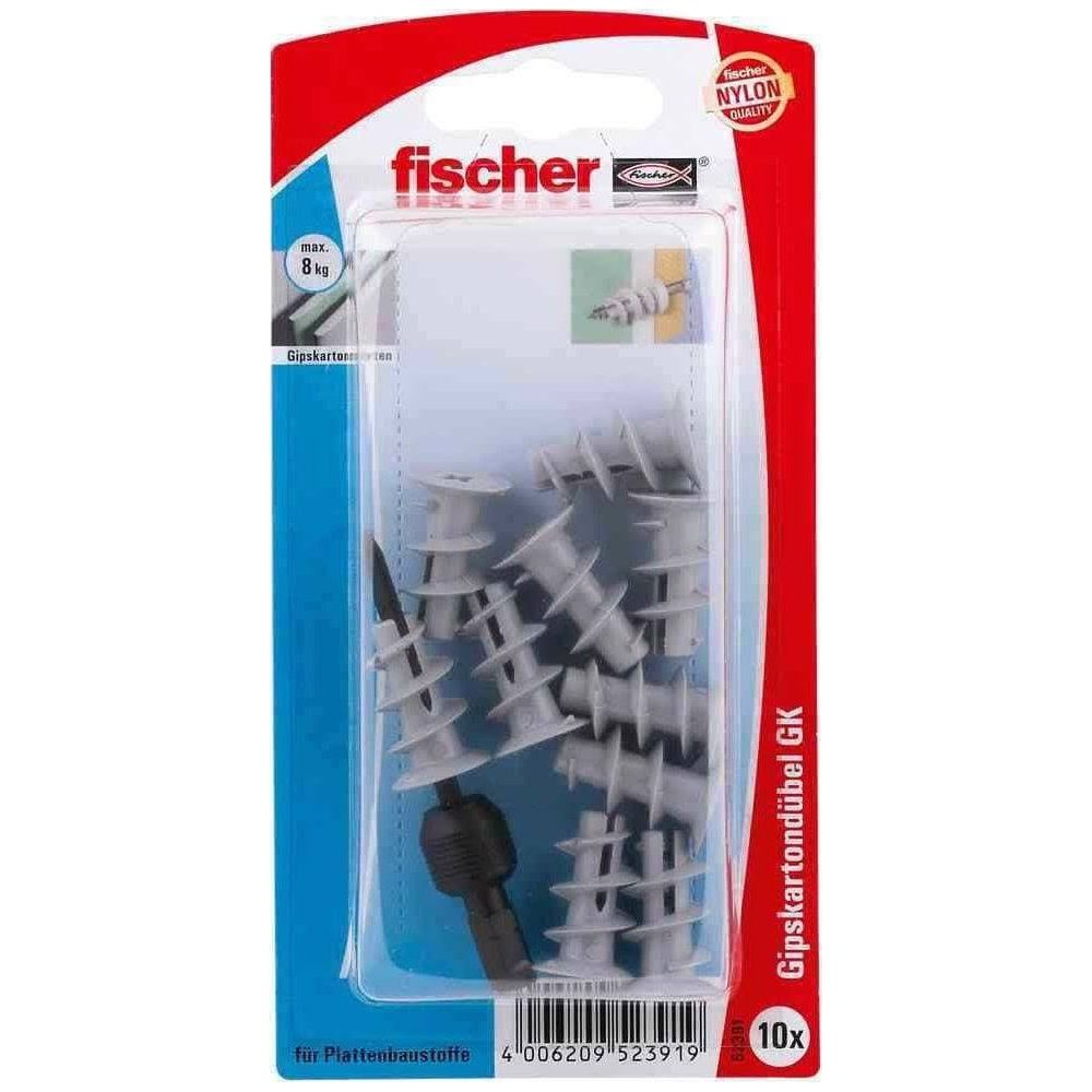 Packung mit 10 grauen Gipskartondübeln von Fischer mit schwarzem Werkzeug.