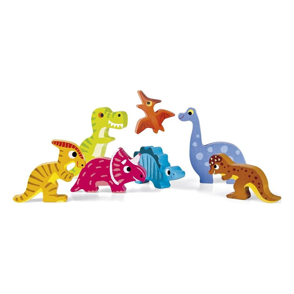 Holzspielzeug-Dinosaurier in verschiedenen Farben und Formen auf weißem Hintergrund.