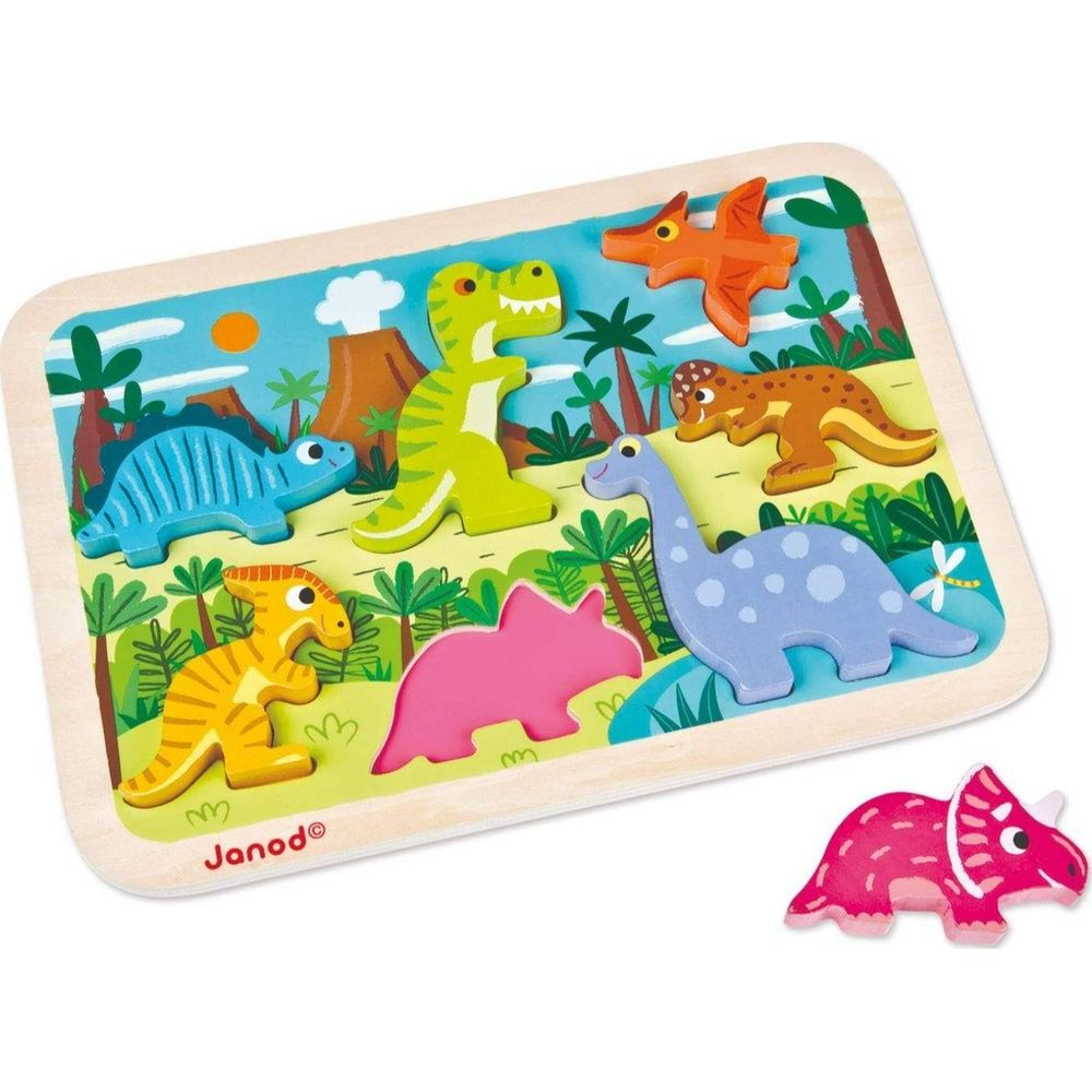 Holzpuzzle mit bunten Dinosauriern in prähistorischer Landschaft.