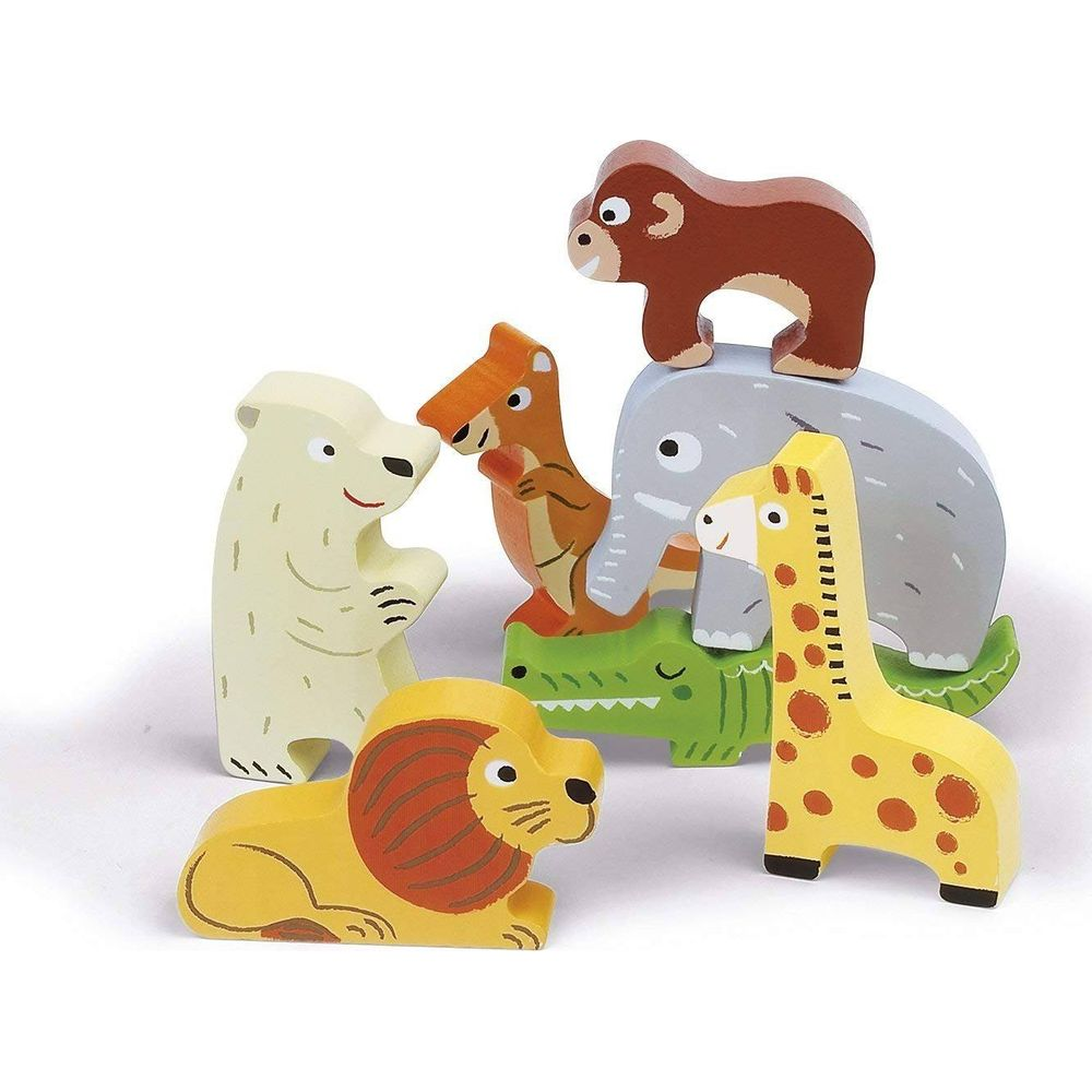 Holztiere: Löwe, Eisbär, Eichhörnchen, Elefant, Giraffe, Gorilla, Krokodil.