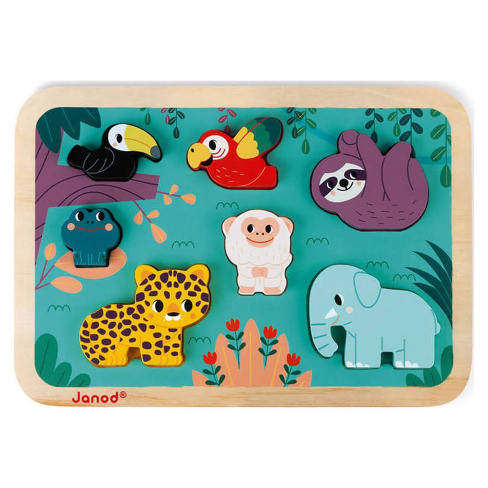 Holzpuzzle mit Dschungeltieren: Elefant, Leopard, Affe, Faultier, Frosch, Papagei, Tukan.