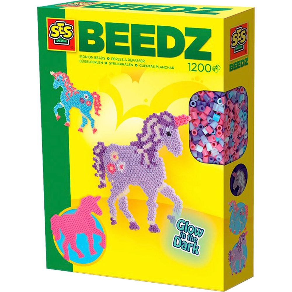Packung mit SES Beedz Bügelperlen, zeigt lila und blaue Einhorn-Kreationen.