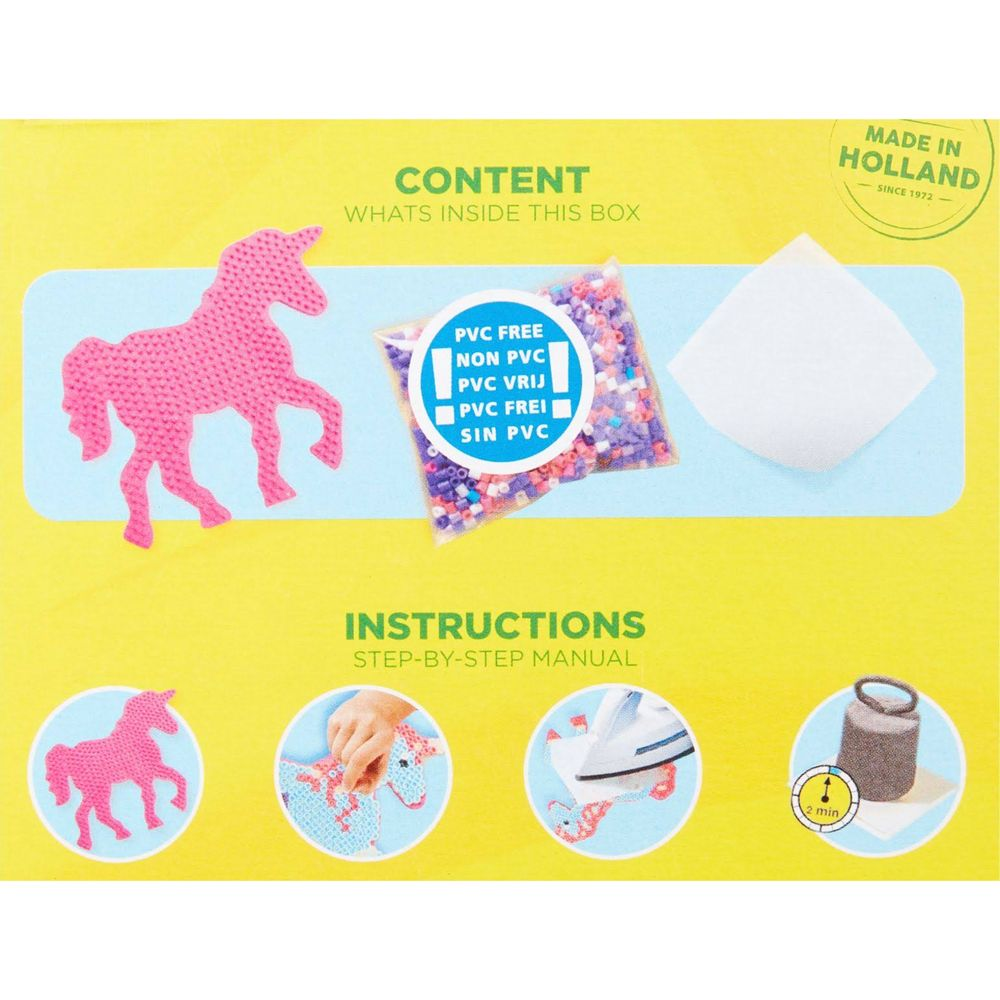 DIY-Set mit rosa Einhorn-Perlen, Bügelperlen und Anleitung. Made in Holland.