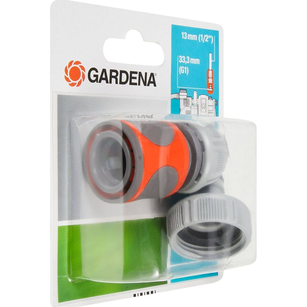 Gardena-Schlauchstück mit orange-grauem Design in Blisterverpackung.