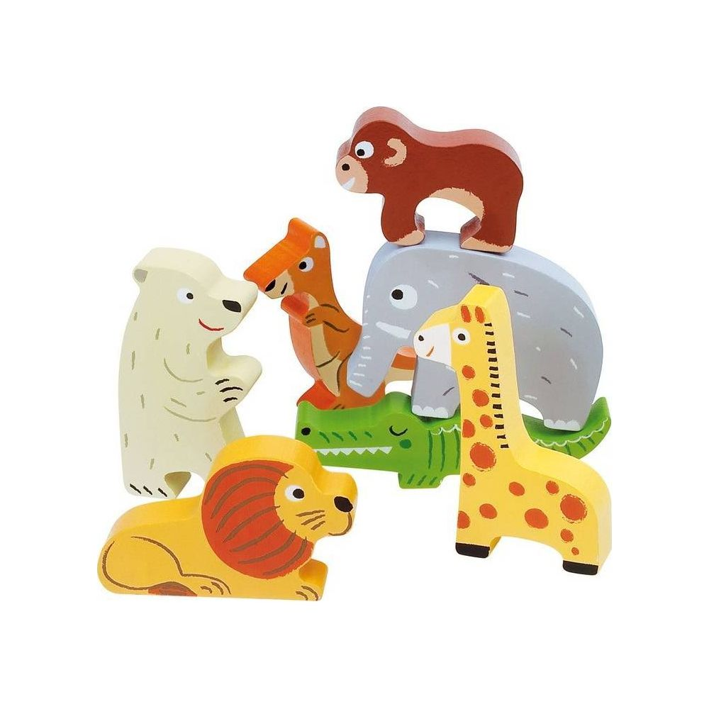 Drewniane zabawki zwierząt: lew, niedźwiedź, słoń, żyrafa, krokodyl, małpa, jaszczurka.