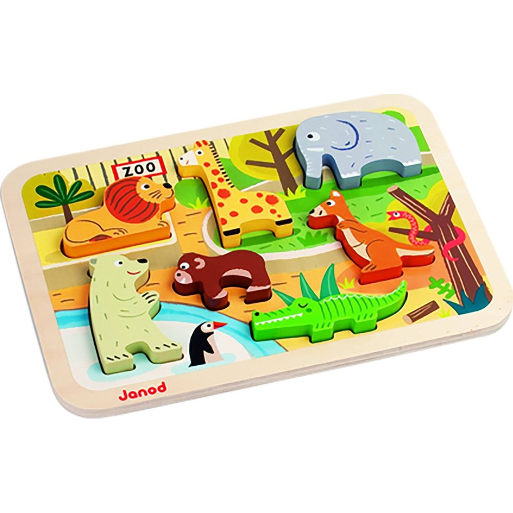 Drewniane puzzle zoo z lwem, słoniem, żyrafą, krokodylem, niedźwiedziem, pingwinem, kangurem.