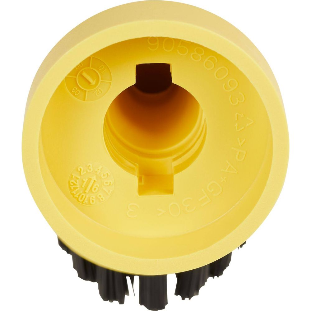 Manopola in plastica gialla con setole nere in basso. Iscrizione: 90586093.