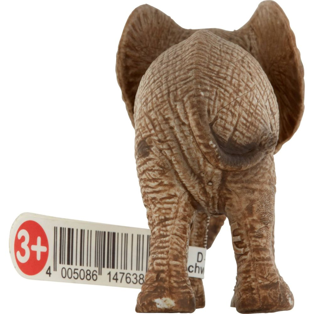Un elefante giocattolo visto da dietro, con etichetta.