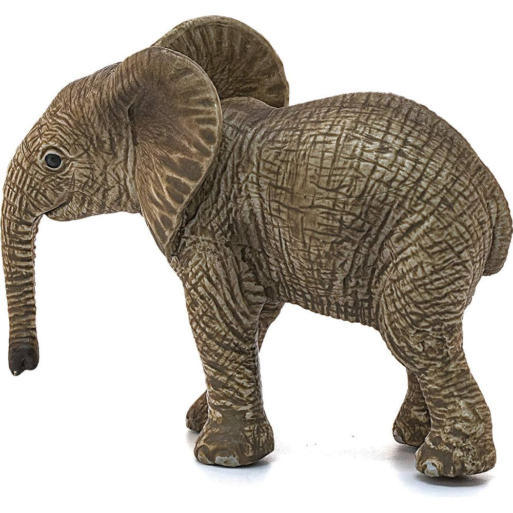 Una piccola statuetta di elefante con corpo grigio e texture della pelle dettagliata.