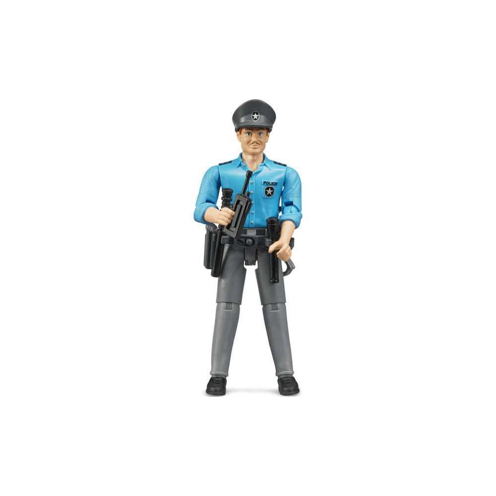 Zabawka policjanta w niebieskim mundurze i szarych spodniach z pistoletem.