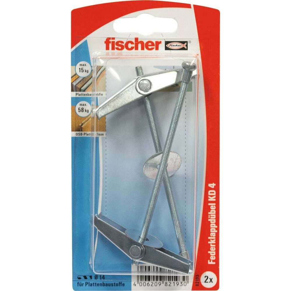 Fischer Federklappdübel KD 4 im Blisterpack, mit Schrauben und Flügeln.