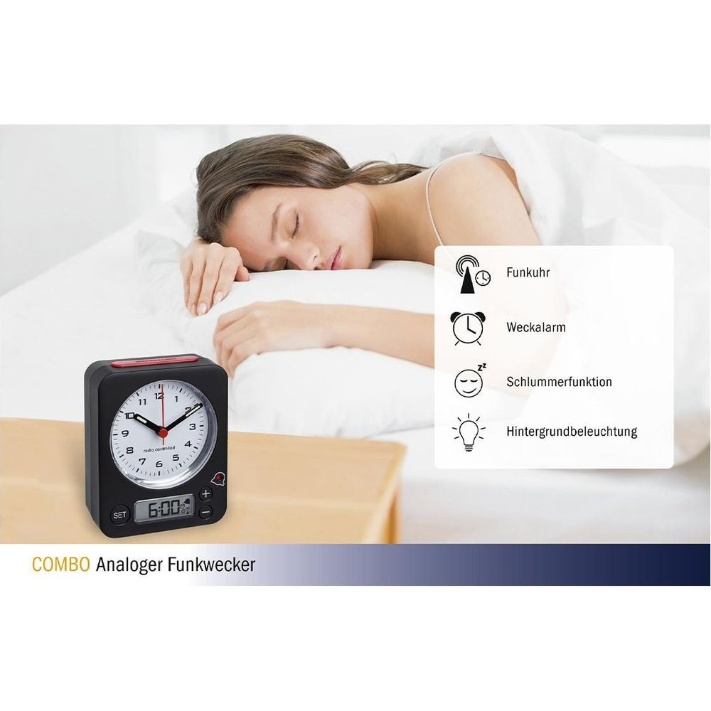 Eine Frau schläft im Bett neben einem Wecker. Funktionen sind aufgelistet.