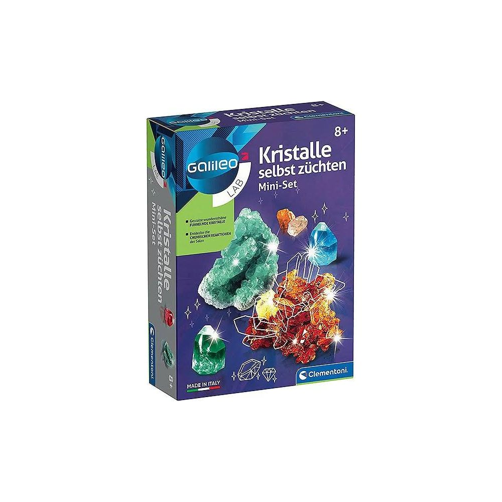 Verpackung für ein Galileo Kristalle-Set mit bunten Kristallen und dem Logo.