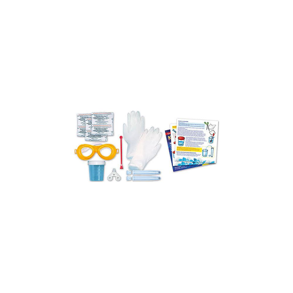 Ein Wissenschaftskit mit Schutzbrille, Handschuhen, Becher, Röhrchen und Anleitung.