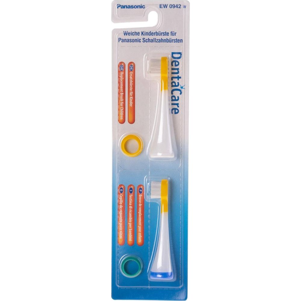 Verpackung mit zwei Panasonic Zahnbürstenköpfen für Kinder.