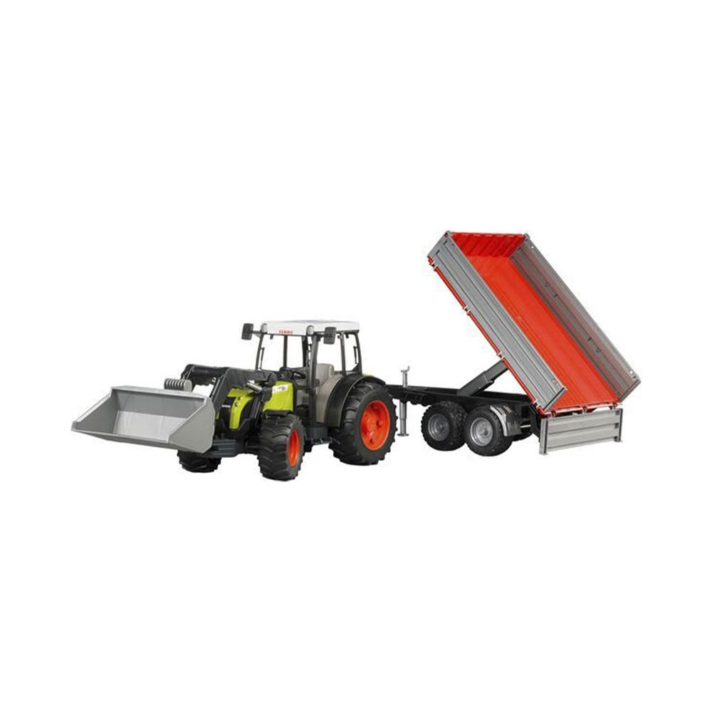 Szary i czerwony traktor z ładowaczem czołowym i przyczepą wywrotką.