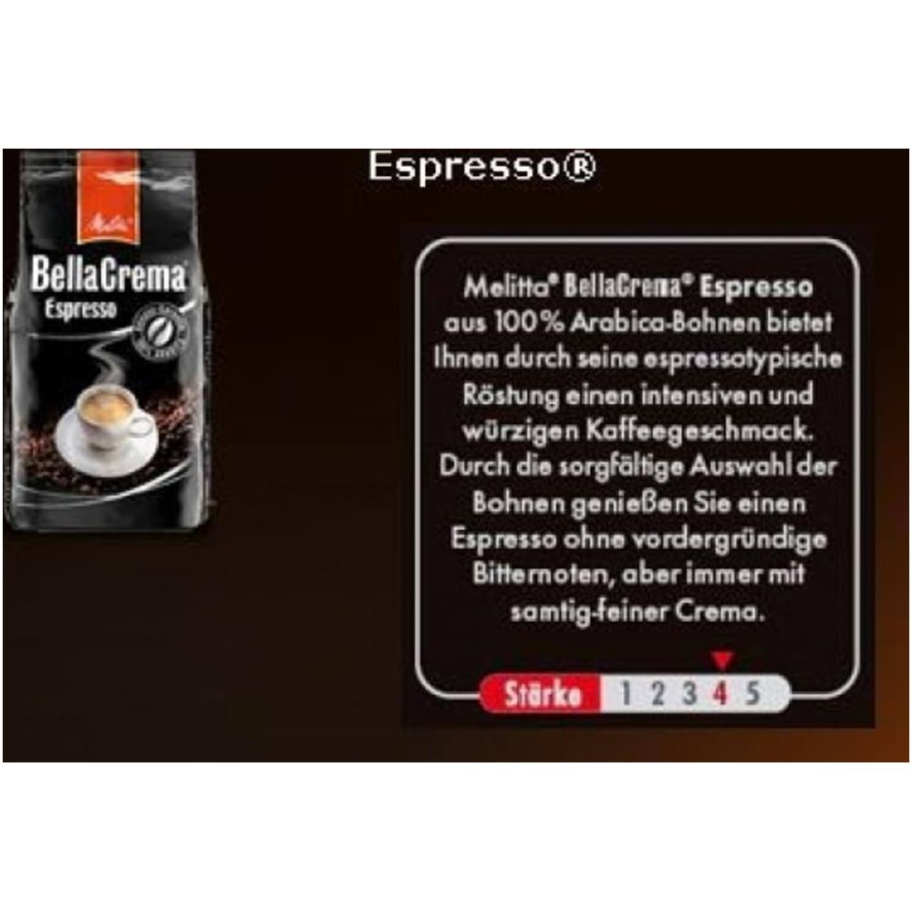 BellaCrema Espresso Kaffee mit Beschreibung und Stärkegrad-Anzeige.