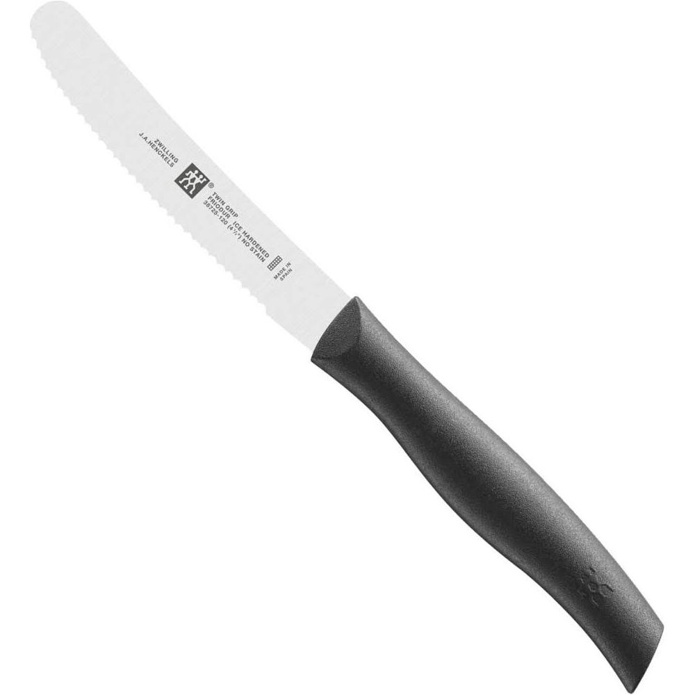 Czarna rękojeść z ząbkowanym ostrzem noża.