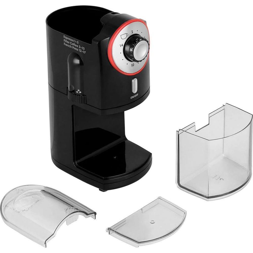 Czarny młynek do kawy z pojemnikiem i pokrywką.