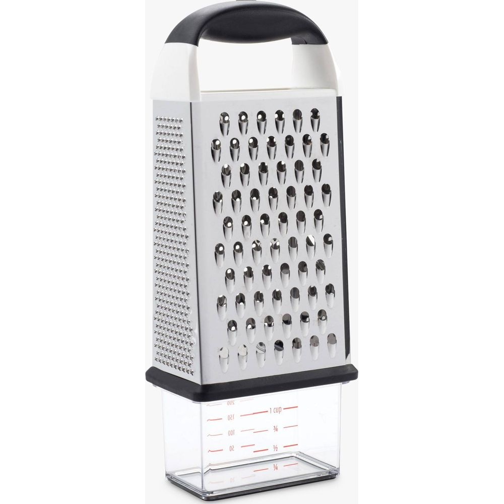 Metalowa tarka z czarnym uchwytem i pojemnikiem.