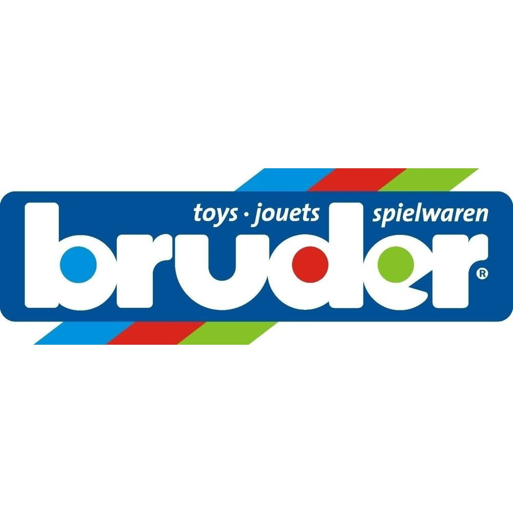 Logo Bruder z napisem toys jouets spielwaren i kolorowymi kropkami.