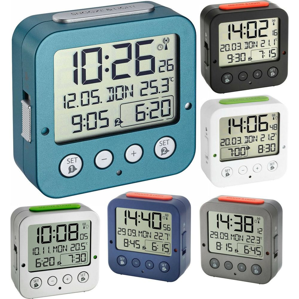 Sześć cyfrowych budzików w różnych kolorach i wzorach.