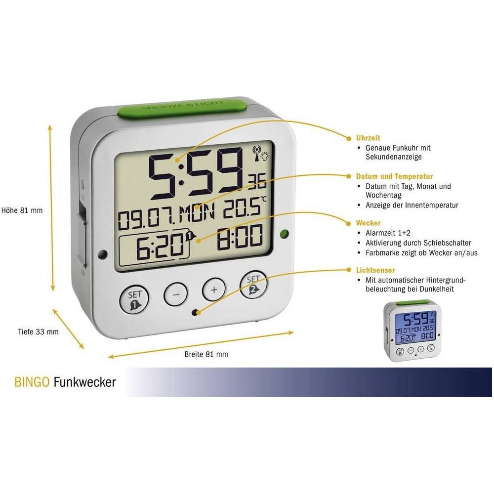 Cyfrowy budzik z przyciskiem drzemki, pokazuje czas, datę, temperaturę i czas alarmu.