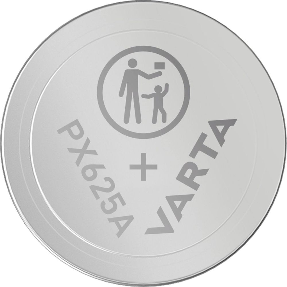 Zilveren Varta PX625A batterij met symbolen en tekst.