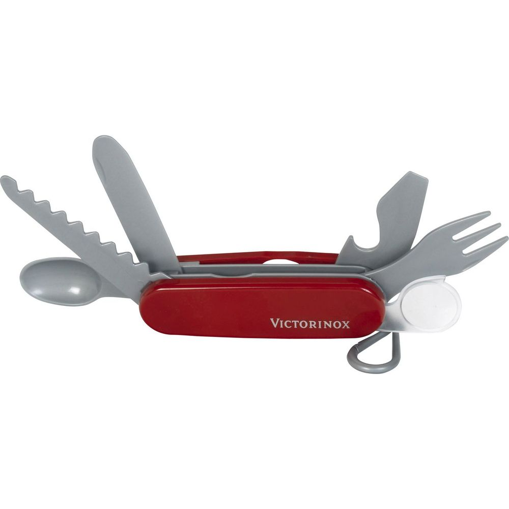 Ein rotes Victorinox Taschenmesser mit ausklappbaren Werkzeugen wie Löffel und Gabel.