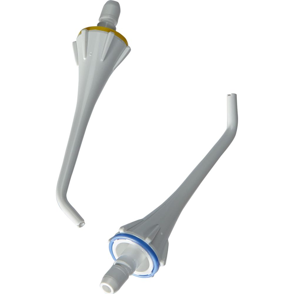 Dwie białe końcówki irygatora dentystycznego z żółtymi i niebieskimi akcentami na białym tle.