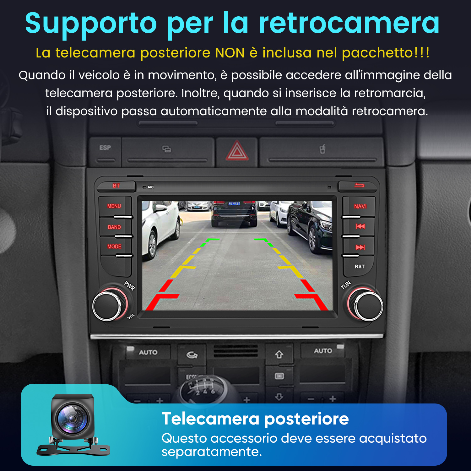 Autoradio con visualizzazione telecamera posteriore e testo.
