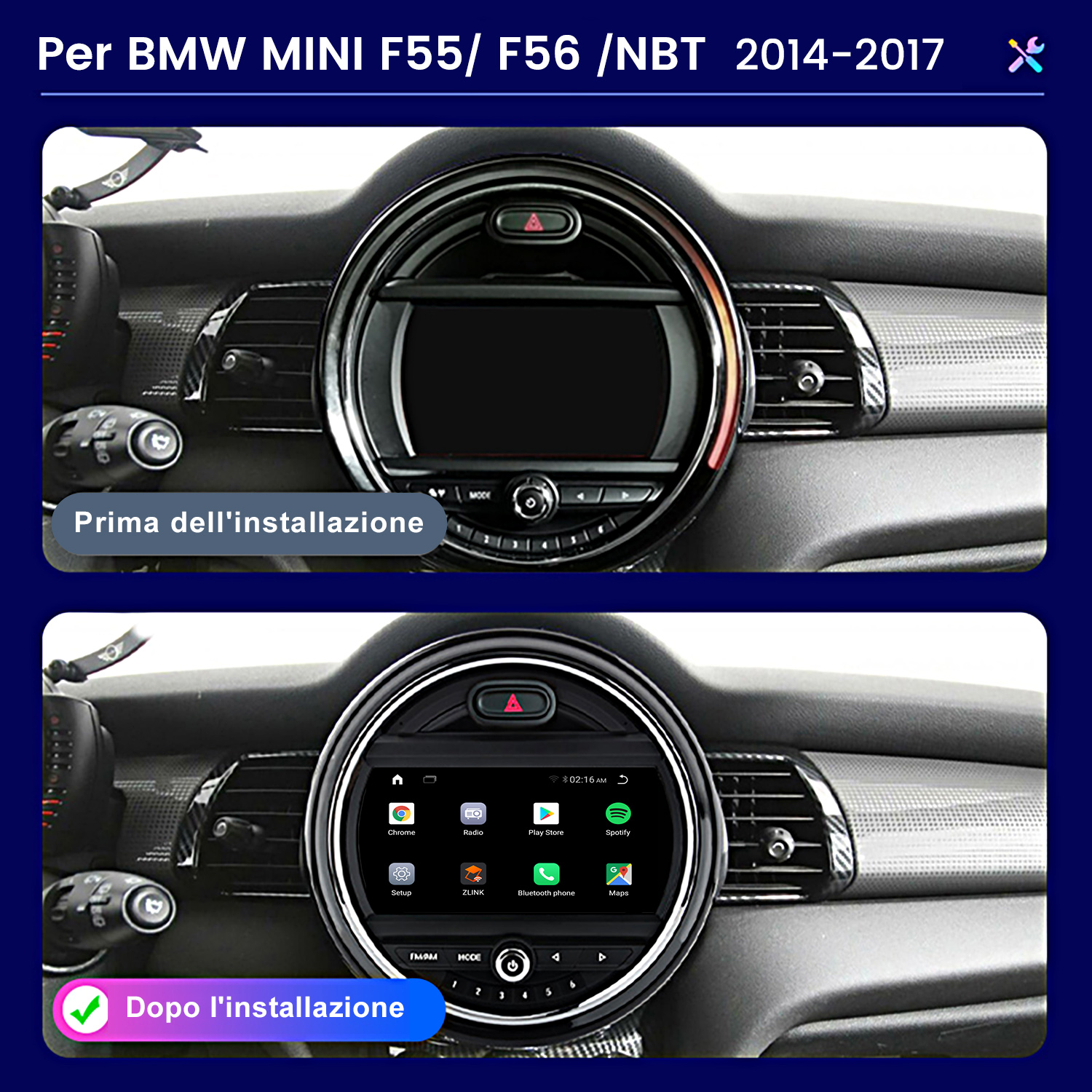 Cruscotto auto, prima e dopo l'installazione di un nuovo sistema infotainment.