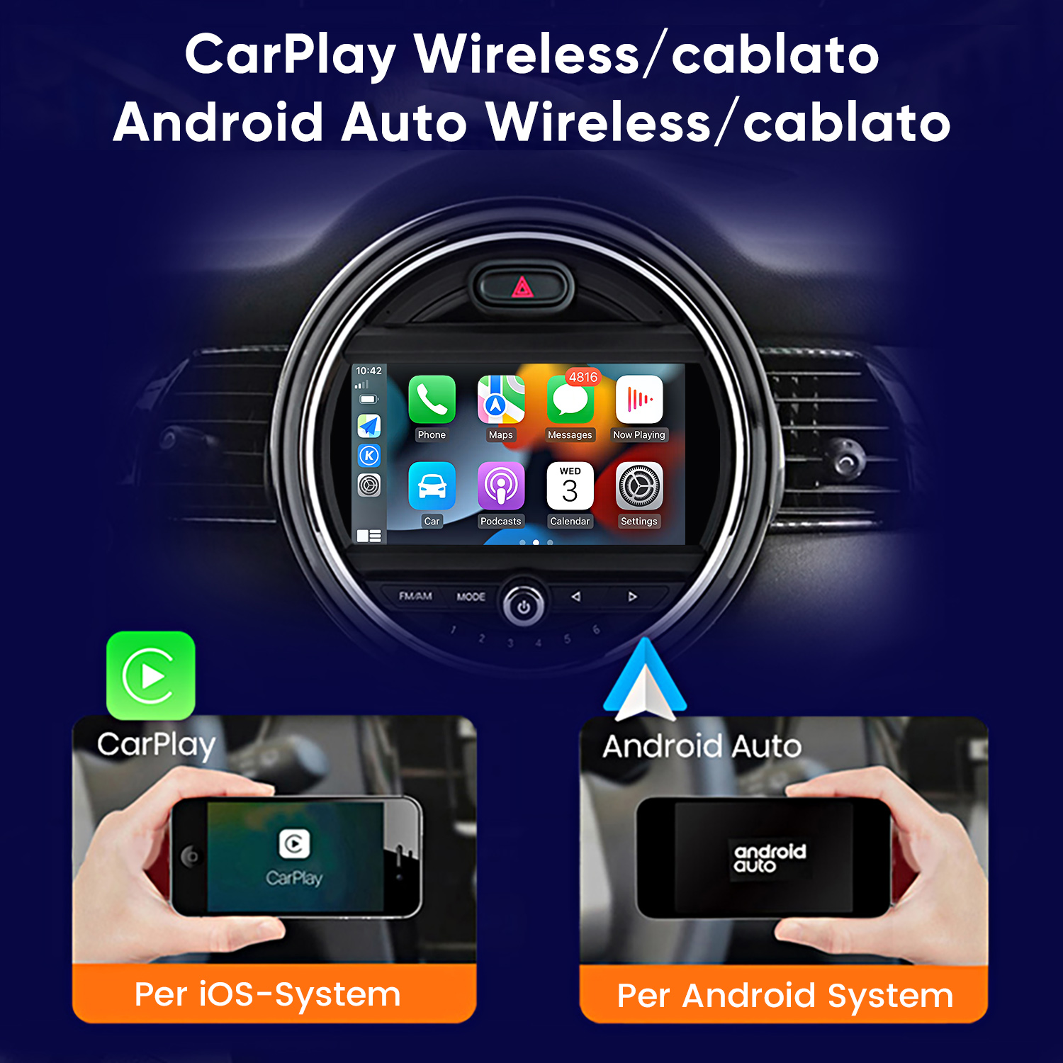 Interno auto con touchscreen centrale che mostra CarPlay e Android Auto.