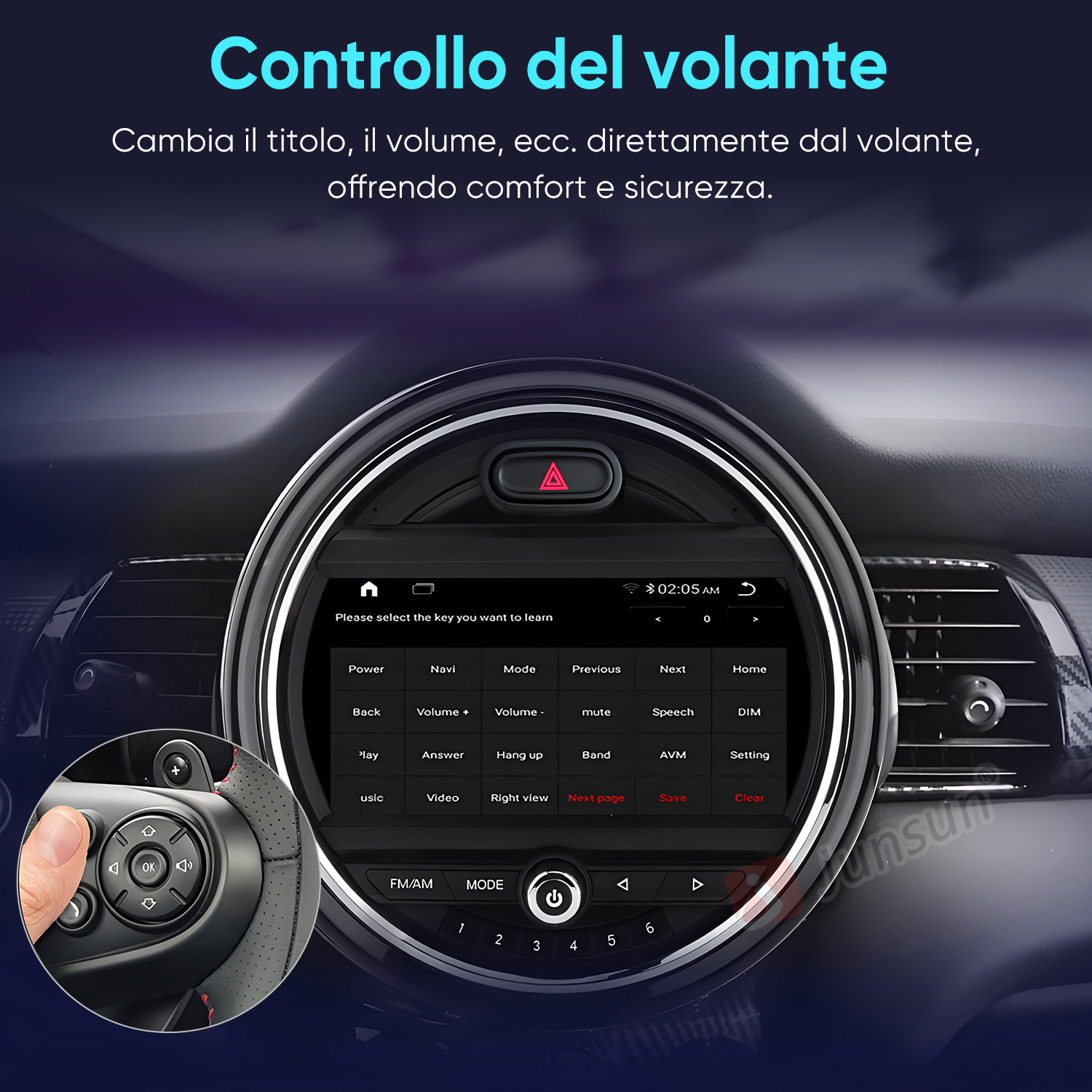 Viene mostrato un sistema di infotainment per auto con controlli al volante.