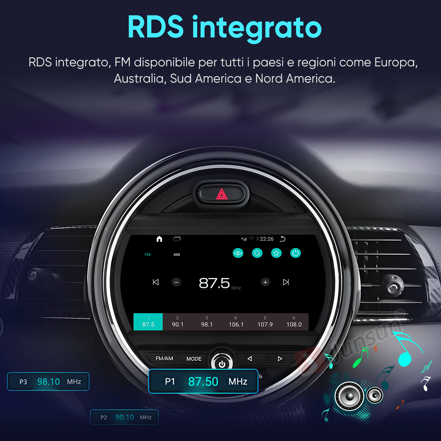 Un moderno display per autoradio che mostra la radio FM e frequenze preimpostate.